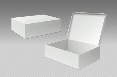 Gerçekçi ambalaj kutuları. Alay boş paket, beyaz kare kağıt karton kadar açın. Boş karton paketi vektör şablonu