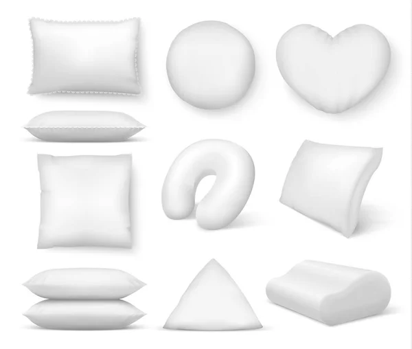 Realistyczne białe poduszki. Kwadrat, komfort łóżka poduszkę, miękkie poduszki rundy puste, na sen i odpoczynek. Wektor 3d poduszki na białym tle — Wektor stockowy