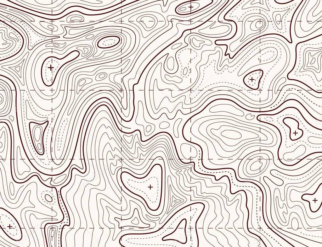 Topographic map. Trail mapping grid, contour terrain relief line texture. Cartography concept