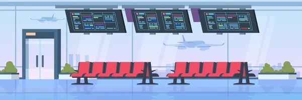 空港ターミナル内部。飛行機到着基板内誰も室ホールを待って出発。旅行休暇イラスト — ストックベクタ