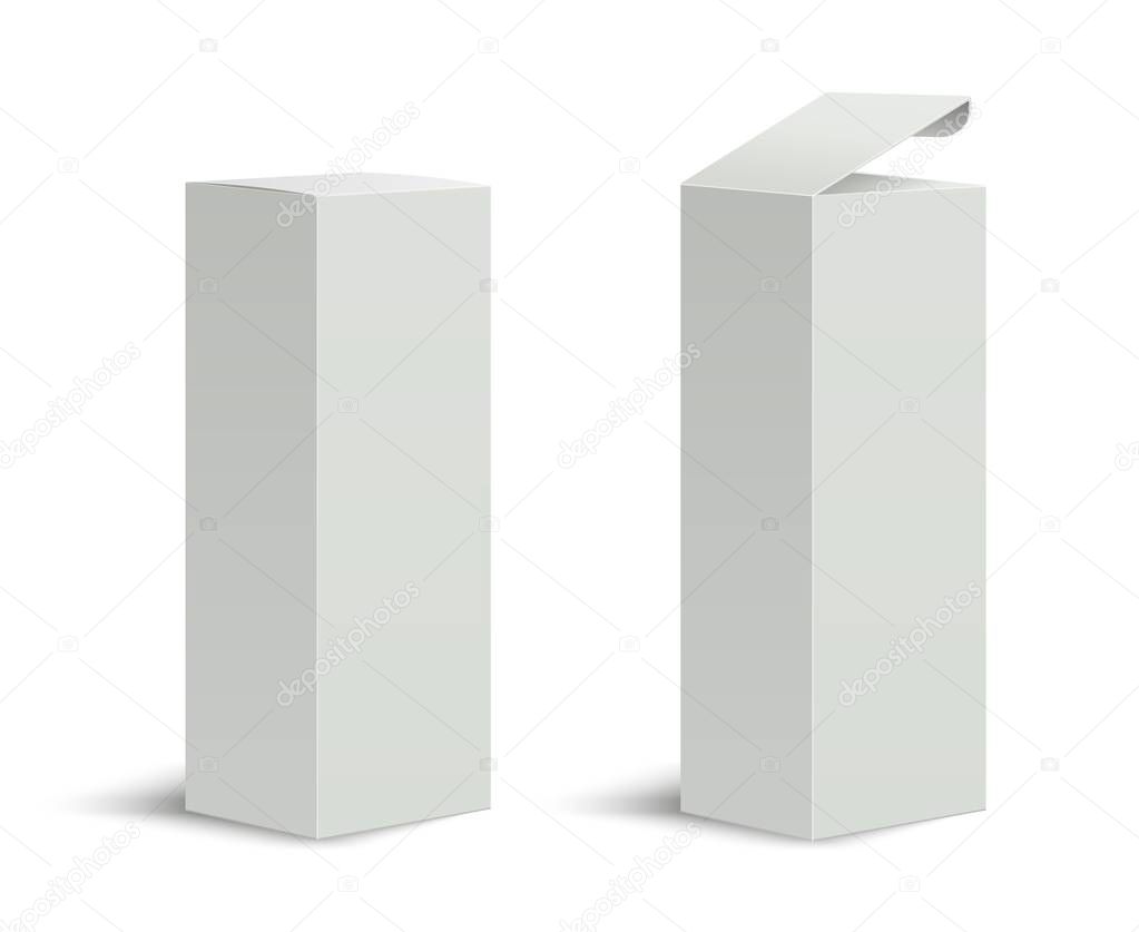 Tall box. High white cardboard box with a closed and open lid. Set of vertical tall cardboard rectangular packaging