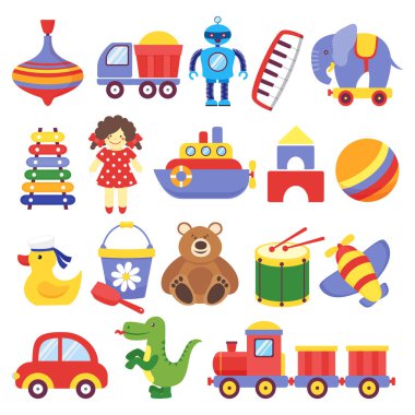 Çocuklar oyuncak. Oyun oyuncak peg-top oyuncak ayı davul sarı ördek yavrusu dinazor roket çocuk küpleri robot. Bebek toddler oyuncak vektör