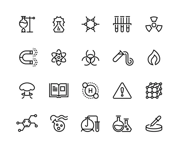 Icone della linea chimica. Sostanze chimiche tossiche, attrezzature di laboratorio, formula molecolare di ricerca scientifica. Simboli scientifici — Vettoriale Stock
