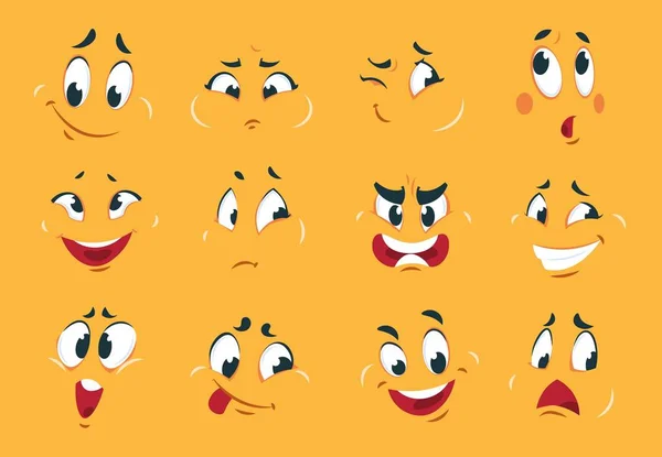 Caras engraçadas de desenhos animados. Expressões de personagem irritado olhos doodle boca louca divertido esboço estranho quadrinhos. Expressão dos desenhos animados —  Vetores de Stock