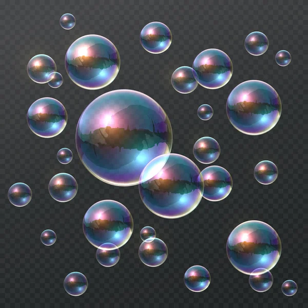 Burbuja de jabón transparente. Burbujas 3D coloridas realistas, bola clara del champú del arco iris con la reflexión del color. Plantilla diseño — Vector de stock