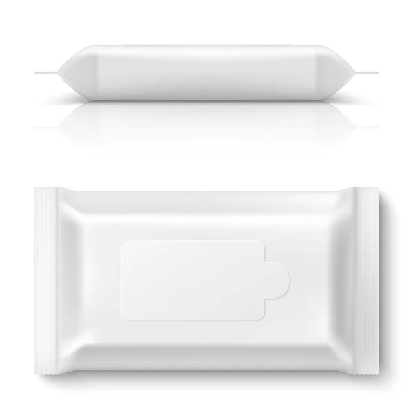 Toallitas húmedas paquete de flujo. Realista bebé blanco limpiar embalaje 3D vacío almohada en blanco mockup caja de tejido plástico — Archivo Imágenes Vectoriales