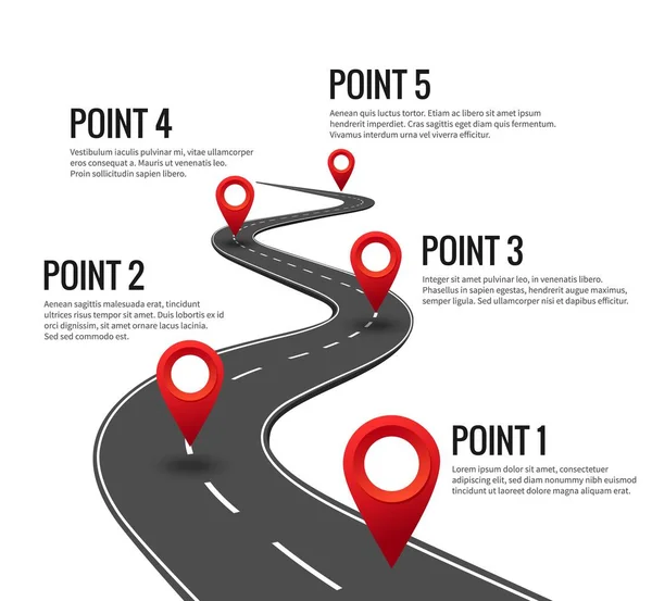 Infographie routière. Chronologie de la route courbe avec points de contrôle à broches rouges. Stratégie voyage autoroute avec jalons concept — Image vectorielle