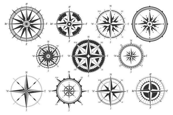 Vintage kompas. Námořní mapa trasy vintage růže vítr. Retro marine vítr opatření. Windrose kompasy vektorové ikony — Stockový vektor