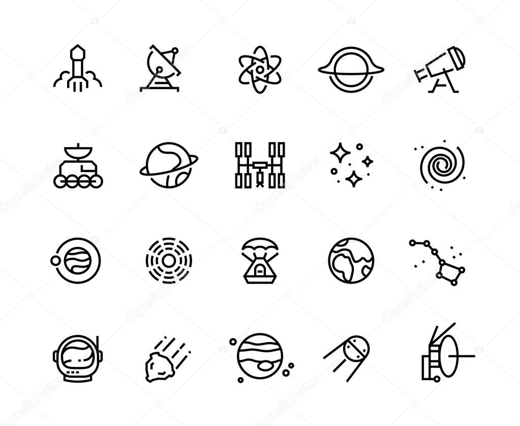 Space line icons. Cosmic astronomy galaxy astronaut rocket launch meteor space telescope planets and stars. Cosmos illustration