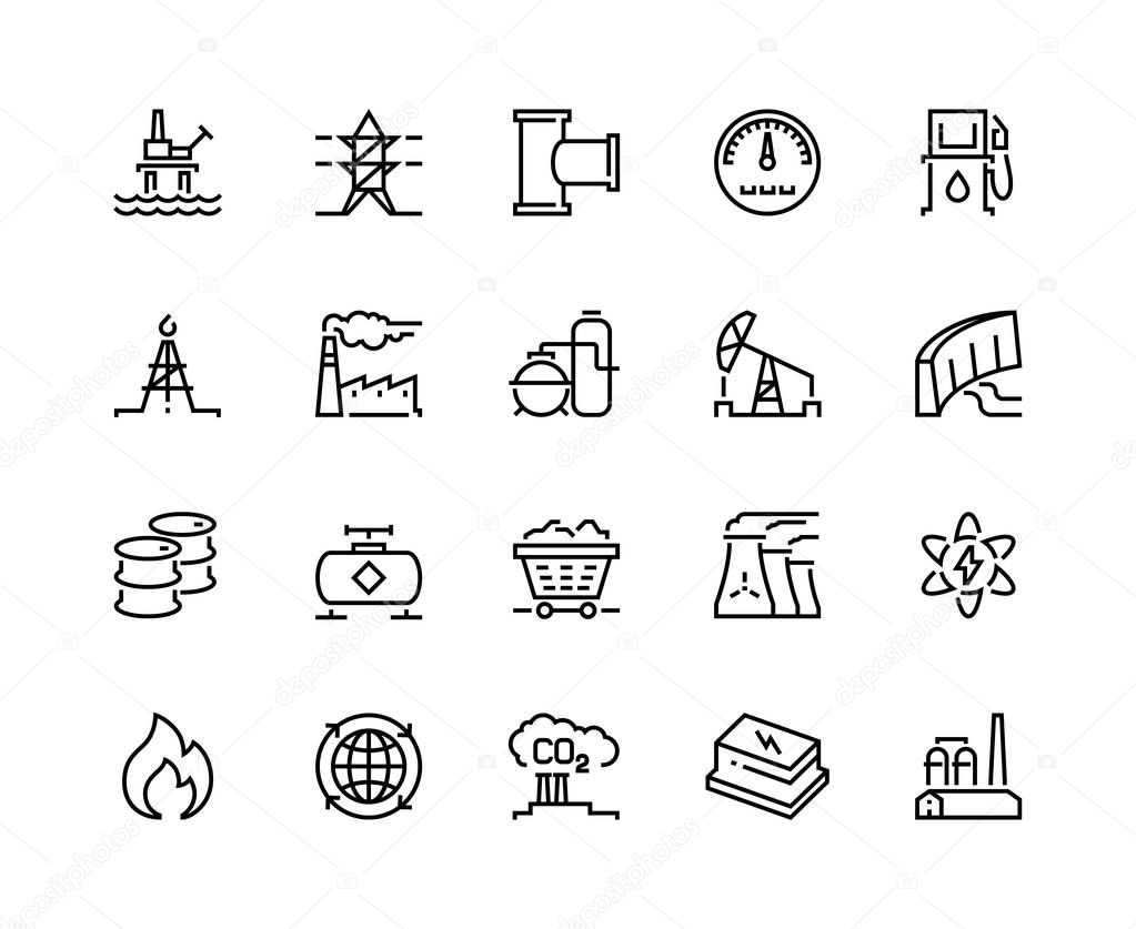 Heavy industry line icons. Oil gas production nuclear electric station fuel refinery barrel. Power storage industrial icons