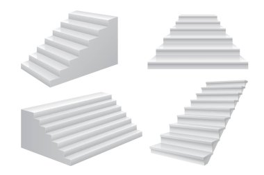 Gerçekçi 3d merdiven. İş kariyer basamaklarını başarı merdiven önden görünüm kavramı için. Beyaz Modern iş vektör şablonu