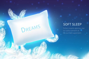 Realistic sleep concept. Soft sleep pillow with feathers, clouds and starry night sky mock up. Dream and rest 3D background clipart