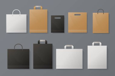 Alışveriş çantası mockup. Gerçekçi beyaz kağıt paket siyah Kraft marka mal dükkanı gri kağıt. Moda alışveriş şablonu