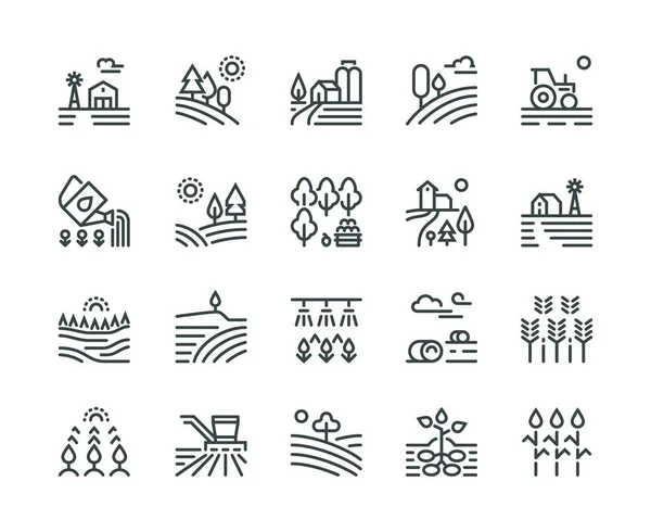 Mezőgazdasági táj vonal ikonok. Vidéki házak, ültetése, zöldség- és búza mezők, termesztett növények. Mezőgazdasági piktogramok — Stock Vector