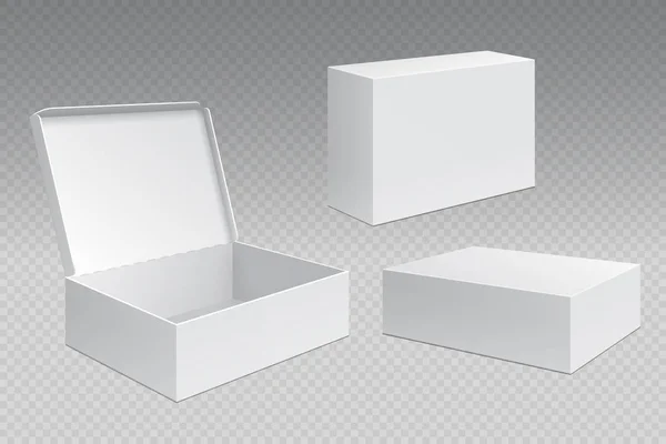 Scatole di imballaggio realistiche. Imballaggio di cartone aperto bianco, i prodotti di merchandising in bianco fingono. Modello di contenitore quadrato in cartone — Vettoriale Stock