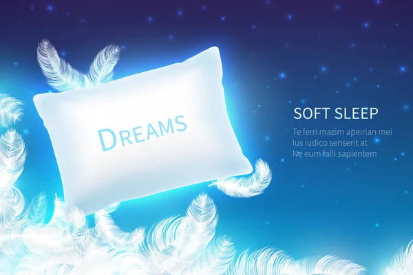 Realistic sleep concept. Soft sleep pillow with feathers, clouds and starry night sky mock up. Dream and rest 3D background