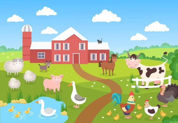 Animaux de ferme avec paysage. Cheval porc canard poulets moutons. Cartoon village pour enfants livre. Scène de fond agricole — Image vectorielle