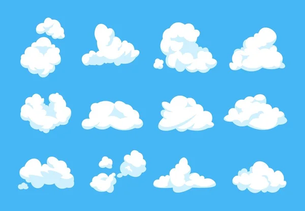 Cartoon clouds. Blue sky panorama heaven atmosphere vintage 2D fluffy white element flat cloudy shape. Vector set