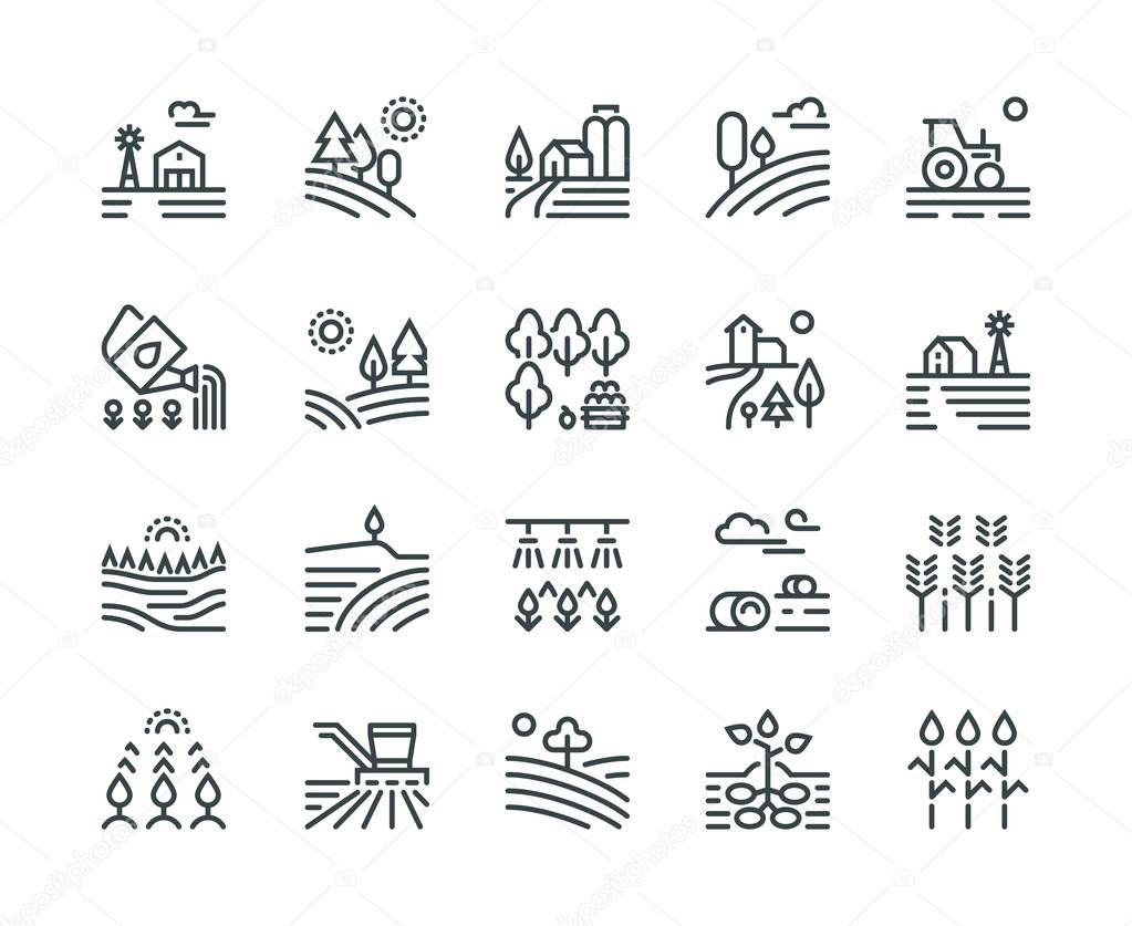 Farming landscape line icons. Rural houses, planting vegetables and wheat fields, cultivated crops. Agriculture pictograms