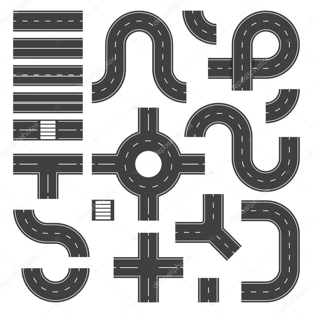 Top view road elements. Street junction and roads objects, asphalt city speedway. Traffic crossroad footpaths vector isolated