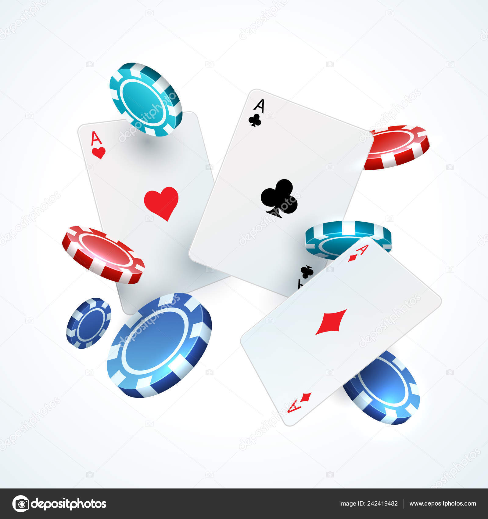 Flying poker cards, chips. Casino gambling realistic 3D falling play card  and plastic red and black chip. Vector elements Stock Vector Image by  ©SpicyTruffel #242419482