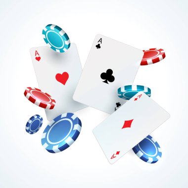 Poker kartları, uçan fişleri. Gerçekçi 3d düşen kumar casino kartı ve plastik kırmızı ve siyah chip oynarlar. Vektör öğeleri