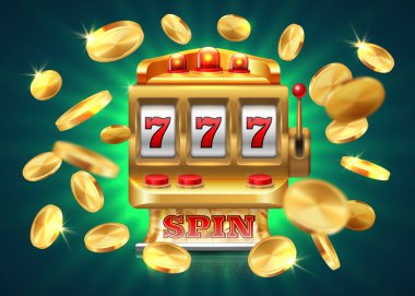 Casino slot makinesidir. 777 ikramiye, altın sikke uçan oyun piyango arka plan kazanan. Vektör altın makine