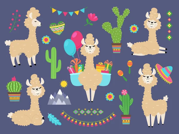Cute alpaca. Funny cartoon llama, peru baby lamas and cacti flowers. Wild alpacas animals characters — Stock Vector