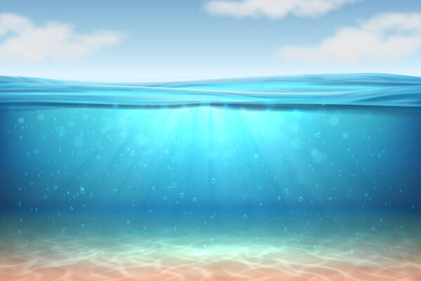 Realistic underwater background. Ocean deep water, sea under water level, sun rays blue wave horizon. Surface 3D vector concept