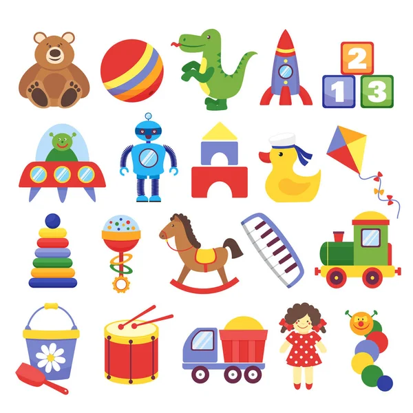 Juguetes de dibujos. Juego de juguete osito de peluche dinosaurio cohete niños cubos cometa robot. Niños muñecas vector — Vector de stock