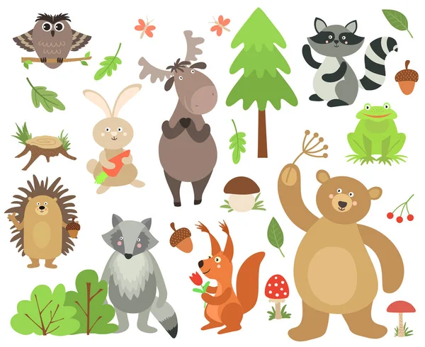 Animali della foresta dei cartoni animati. Alce gufo lepre procione scoiattolo orso riccio rana. Vettore animale boschivo isolato — Vettoriale Stock