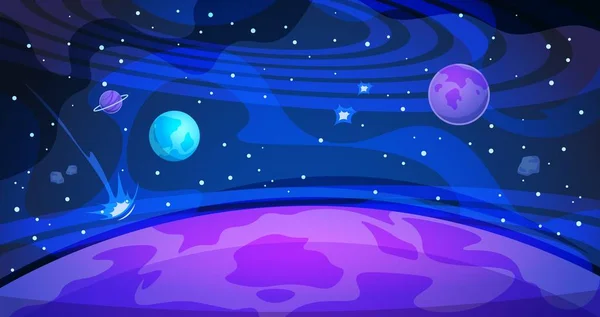 Bolygó helyet a háttér. Sky galaxis világegyetem lapos absztrakt éjszaka táj tudomány modern poszter. Kozmosz banner — Stock Vector