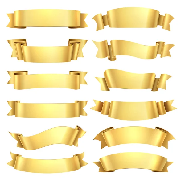 Rubans dorés. Élément de bannière de félicitations, forme décorative de cadeau jaune, rouleau de publicité d'or. Ruban vectoriel réaliste — Image vectorielle