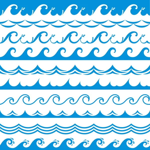 바다 웨이브 프레임입니다. 원활한 바다 폭풍우 조 수 파도 물결 강 푸른 물 스플래시 디자인 요소 가로 테두리 벡터 절연 — 스톡 벡터