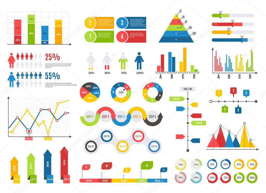 Infographics chart set. Charts result graphs icons statistics financial data diagrams. Isolated analysis vector elements