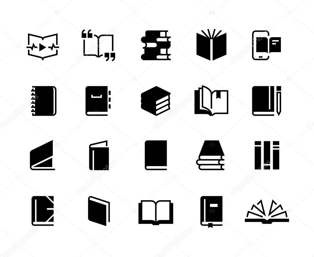Black books icons. Study education book set, textbook magazine diary bible business collection. Vector logo