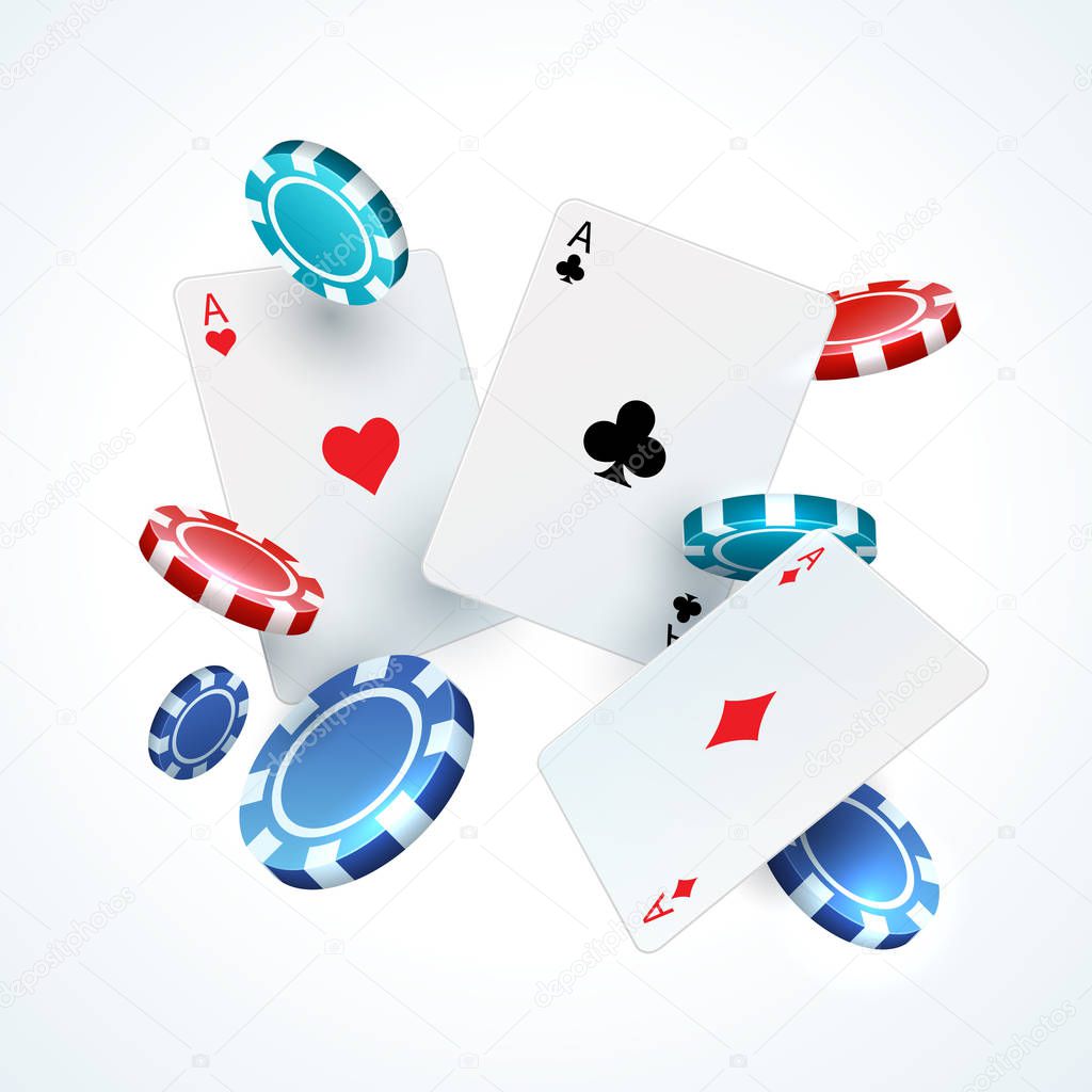 Flying poker cards, chips. Casino gambling realistic 3D falling play card and plastic red and black chip. Vector gamble elements