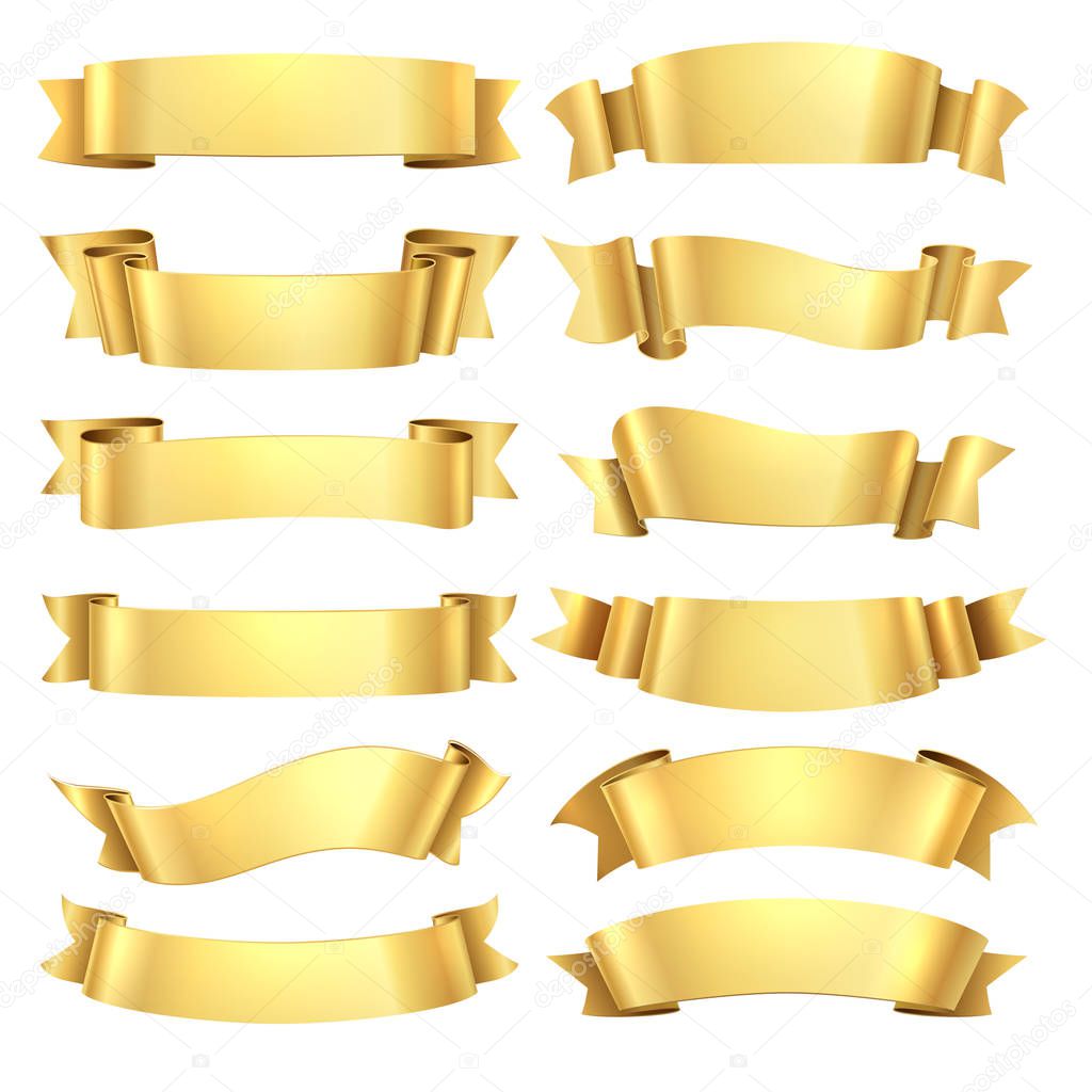 Golden ribbons. Congratulations banner element, yellow gift decorative shape, gold advertising scroll. Vector realistic ribbon