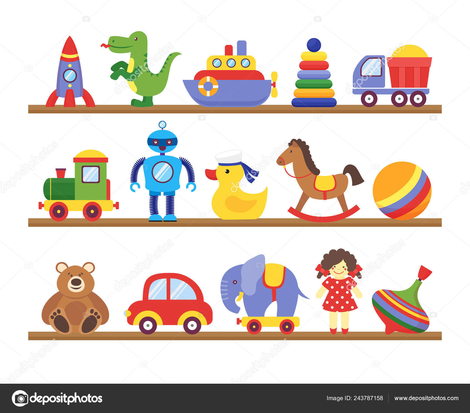 Toys on shelves. Cartoon toy on baby shopping wooden shelf. Dinosaur robot car doll isolated vector Stock Vector Image by ©SpicyTruffel #243787158 Toys on shelves. Cartoon toy on baby shopping wooden shelf. Dinosaur robot car doll isolated vector Stock Vector Image by ©SpicyTruffel #243787158