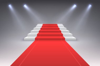 Gerçekçi kırmızı halı. VIP olay merdiven spot, giriş töreni merdiven başarı ödülü. Lüks kırmızı halı kavramı