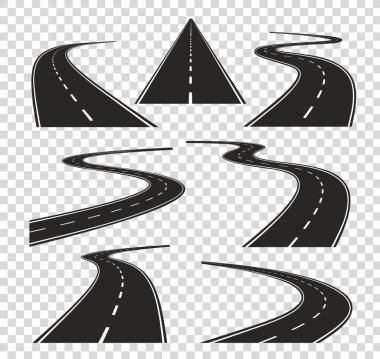 Roads in perspective. Bended pathway road curved city street to horizon. Journey asphalt highway isolated vector clipart