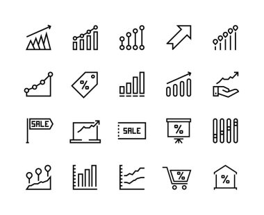 Satış grafiği çizgi simgeler. Pazarlama iş ilerleme, yukarı, para büyüme grafiği doları grafik ok. Vektör iş Satılık sembollerin