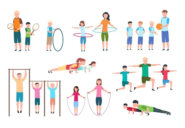 Familia activa. Gente, niños haciendo ejercicios de fitness. Deportes estilo de vida vector caracteres planos — Archivo Imágenes Vectoriales
