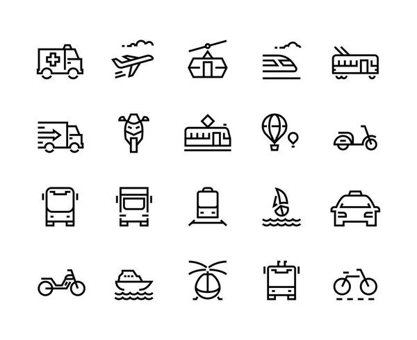 Иконки транспортных линий. Самолет вертолет воздушный шар поезд троллейбус городского транспорта велосипед мотоцикл путешествия. Транспортный вектор
