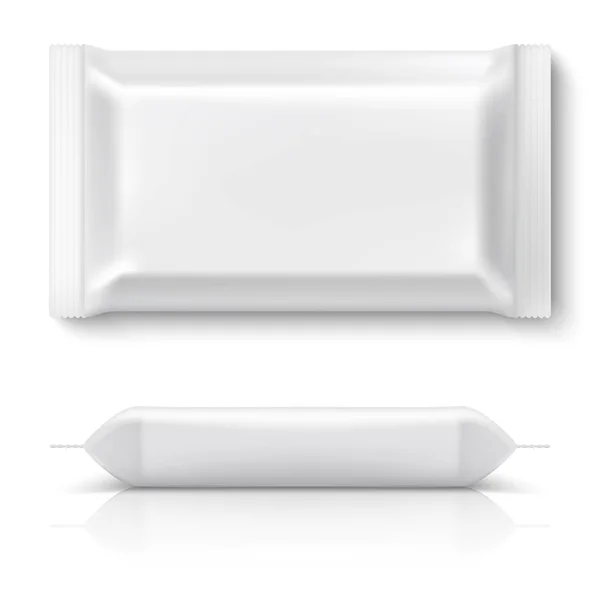 Paquete de flujo realista. Paquete de comida blanca realista almohada de galletas papel de aluminio bocadillo en blanco galletas paquetes de plástico se burlan. Plantilla 3D — Vector de stock