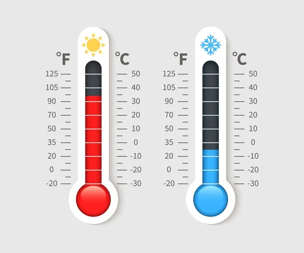 Cold warm thermometer. Temperature weather thermometers with celsius and fahrenheit scale. Thermostat meteorology vector icon — Stock Vector