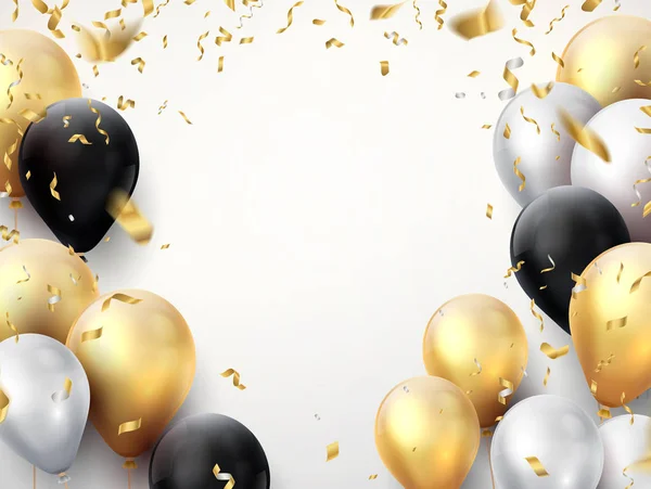 Banner de celebración. Fondo fiesta de cumpleaños feliz con cintas doradas, confeti y globos. Afiche realista aniversario — Archivo Imágenes Vectoriales
