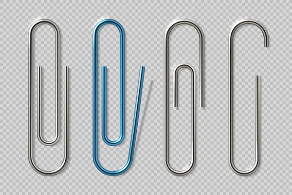 Realistische paperclips. Geïsoleerd transparante hechten elementen, schoolbenodigdheden, metalen bevestigingsmiddelen laptop houders. Vector illustraties — Stockvector