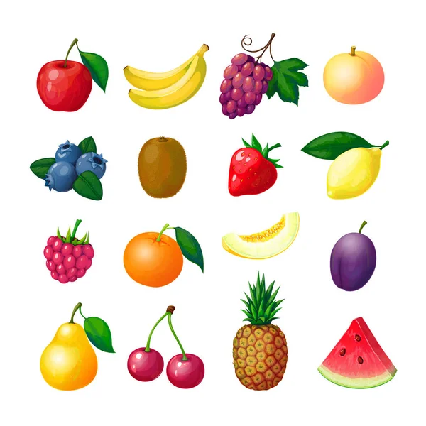 卡通水果和浆果。苹果香蕉葡萄和蓝莓猕猴桃柠檬草莓覆盆子甜瓜李子梨菠萝套装 — 图库矢量图片