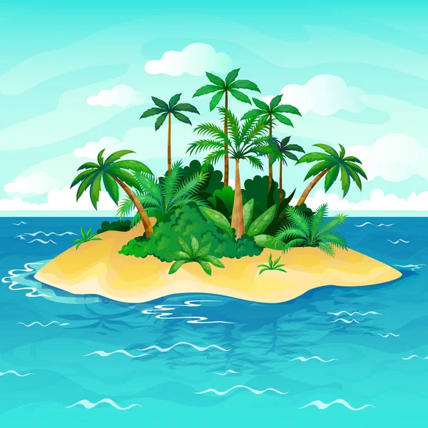 Oceaan eiland cartoon. Palmbomen zee onbewoonde eilanden hemel zand strand zon panorama uitzicht eenzaamheid tropische natuur illustratie — Stockvector